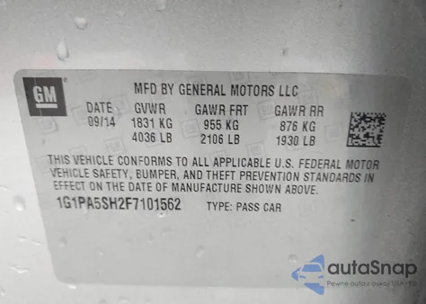 2015 Chevrolet Cruze Ls Auto из США, поврежденный, VIN 1G1PA5SH2F7101562